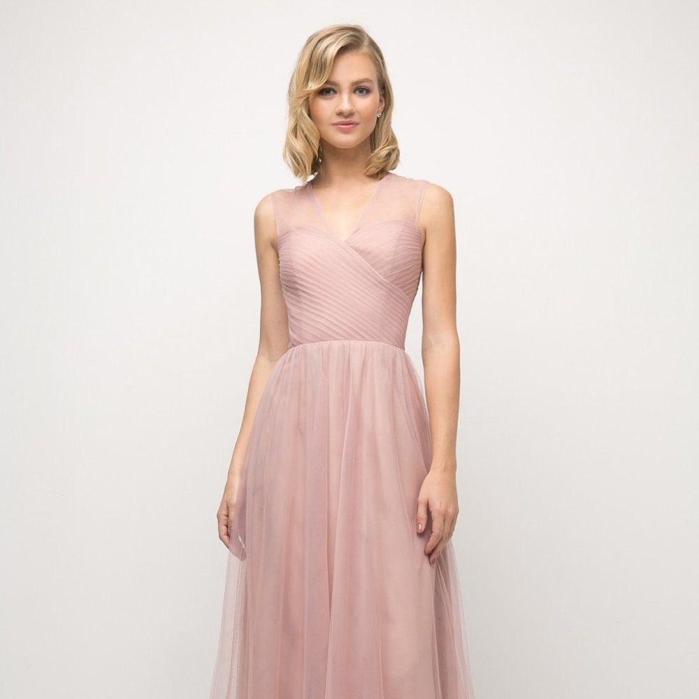 BLUSH LONG TULLE SLEEVELESS DRESS WITH V-NECKLINE AND A-SILHOUETTE ET320